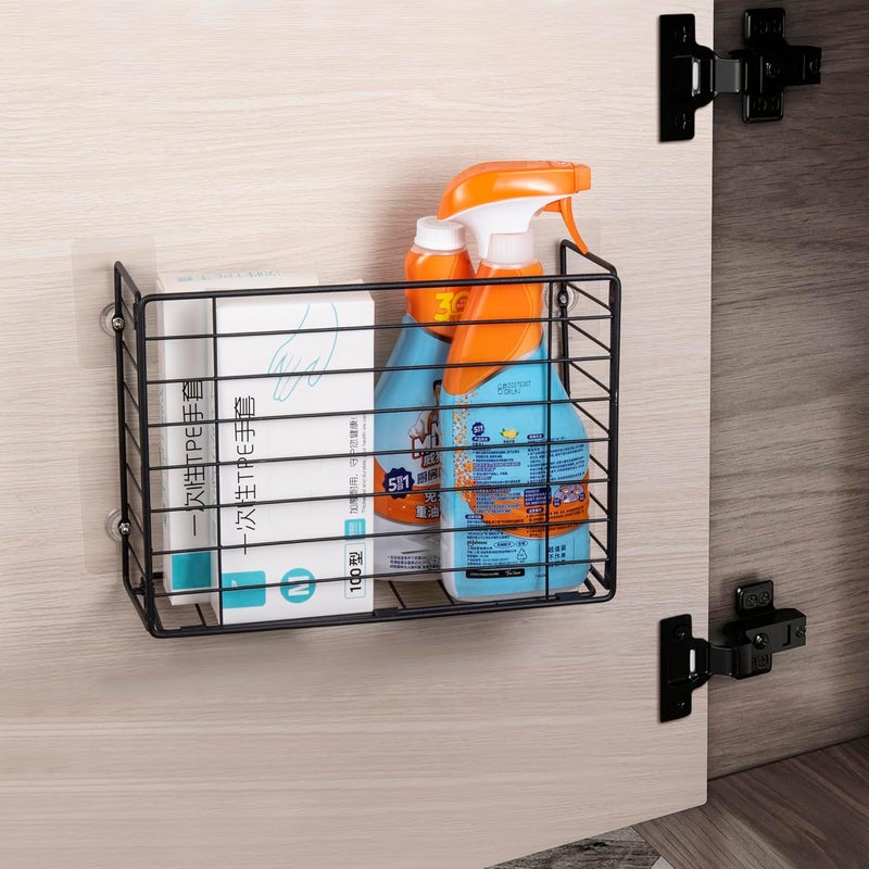 Lonian Wall Mounted Storage Basket, Black Metal Wire Kitchen Wrap Organizer Rack, Heavy Duty Hanging Basket for Cabinet Door, Pantry, Cutting Boards, Foil, and Cleaning Supplies - Image 1